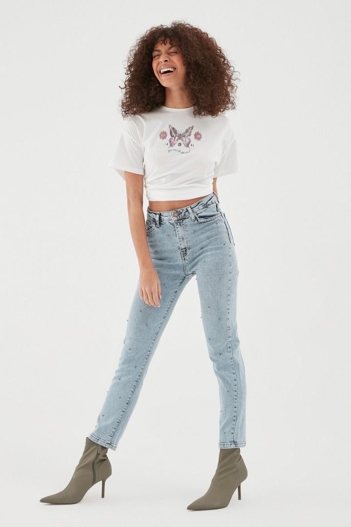 Stone Detailed Jeans Ice Blue