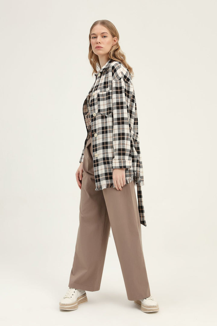 Çizgili Beli Kuşaklı Uzun Gömlek Camel