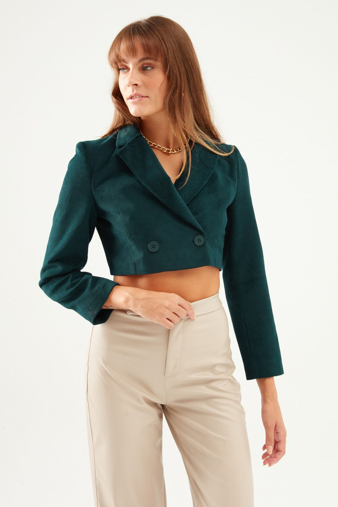 Velvet Crop Blazer Jacket Dark Green