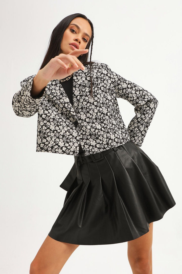 Patterned One Button Blazer Jacket Black