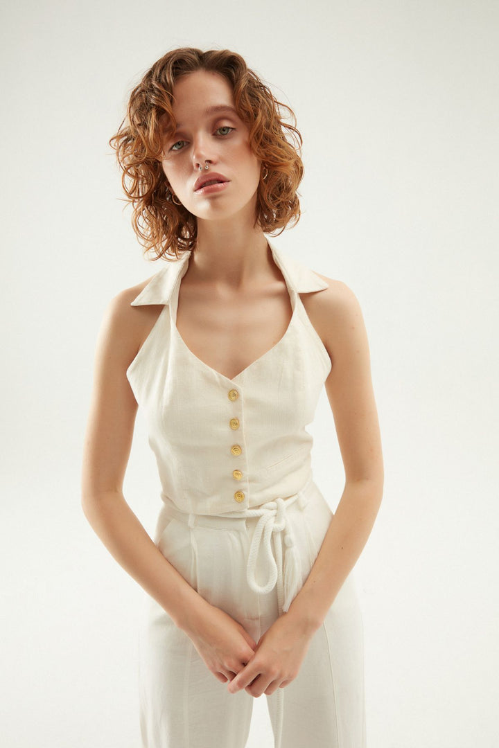 Düğme Detaylı Keten Bluz Naturel