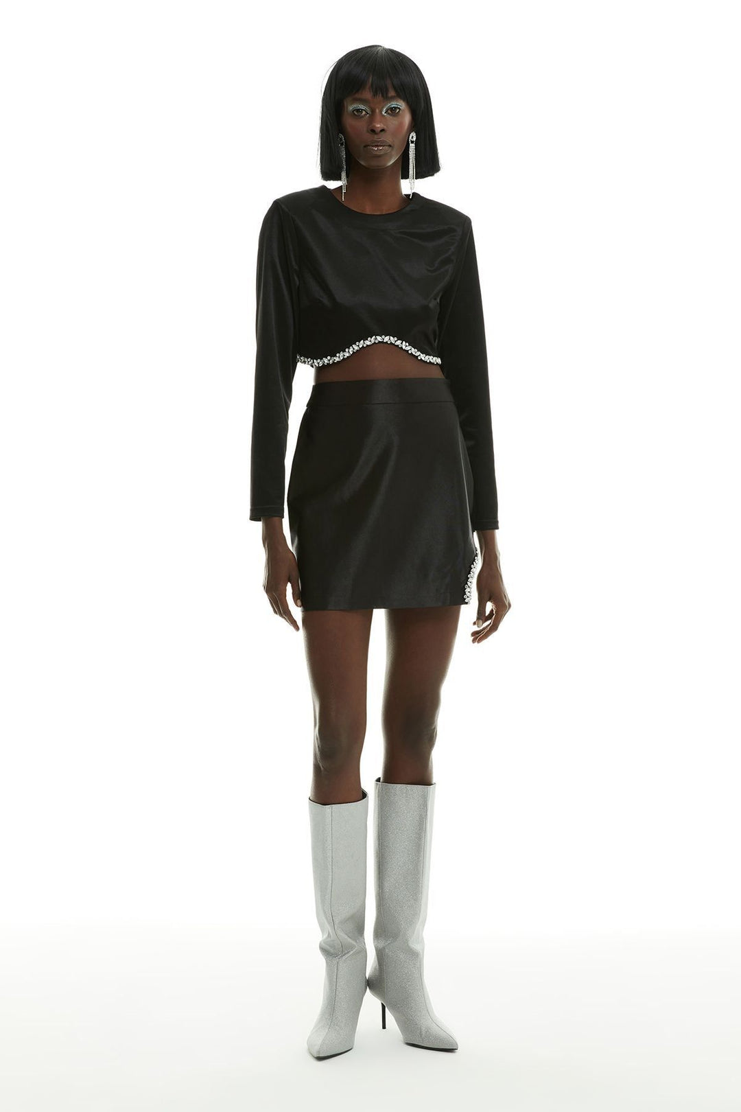 Stone Satin Crop Blouse Black