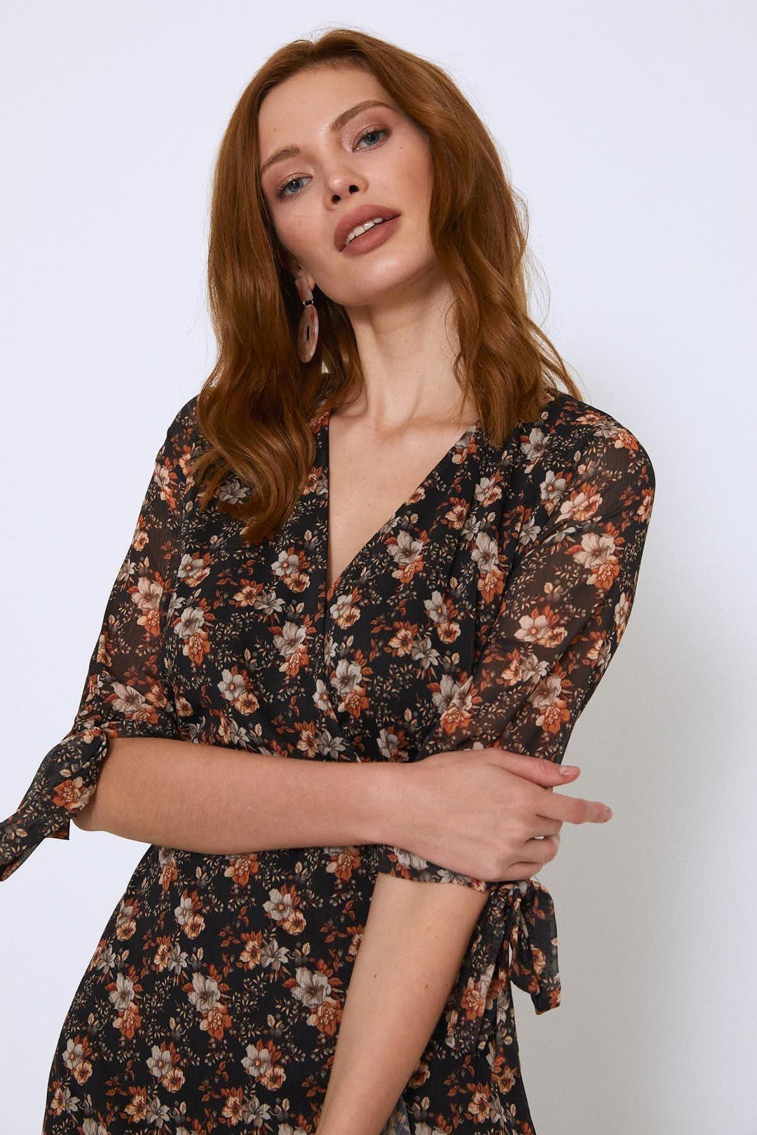 Floral Pattern V Neck Frilly Mini Dress Orange