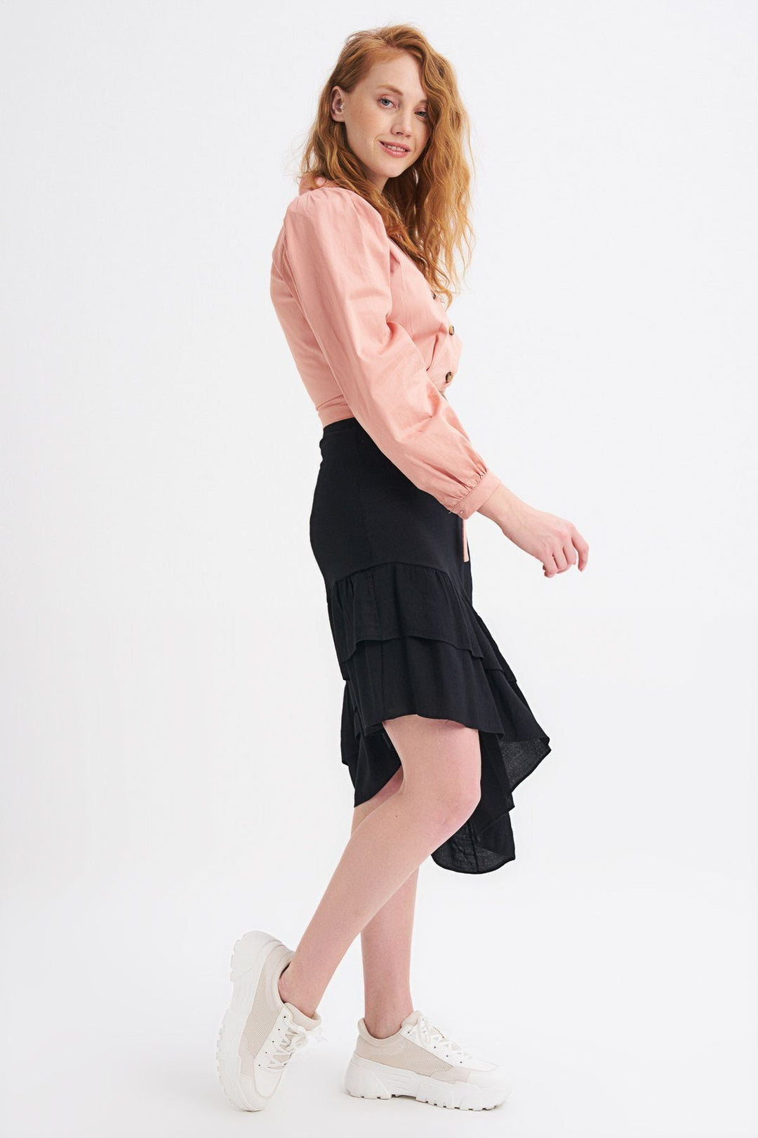 Asimetrik Fırfırlı Etek Siyah