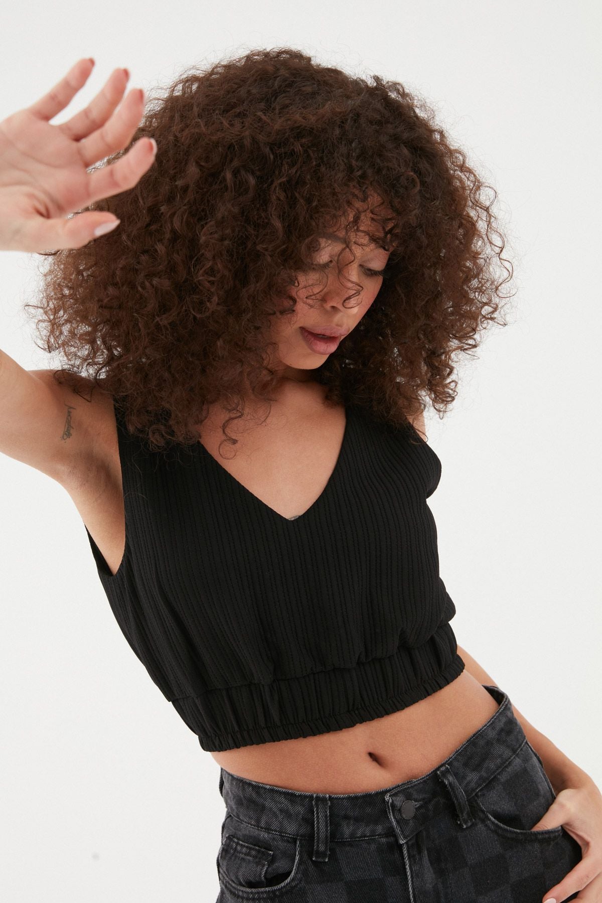 Elastic Waist Crop Blouse Black