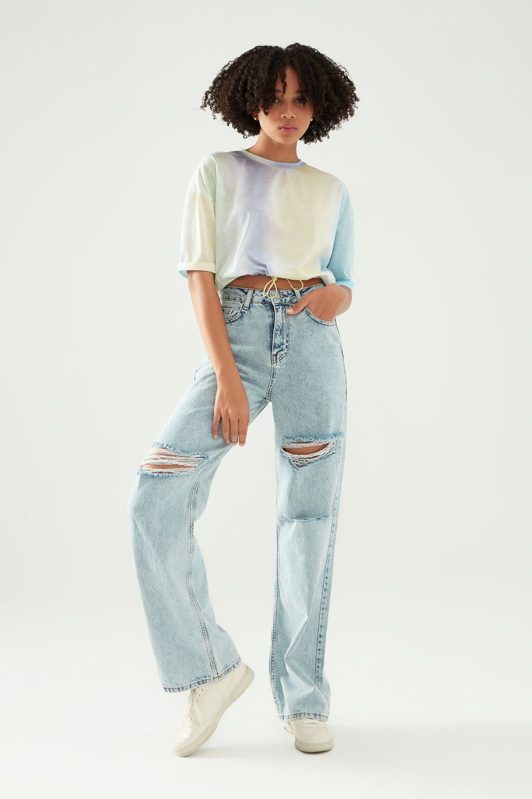 Tie-Dye Patterned Elastic Waist T-Shirt Yellow