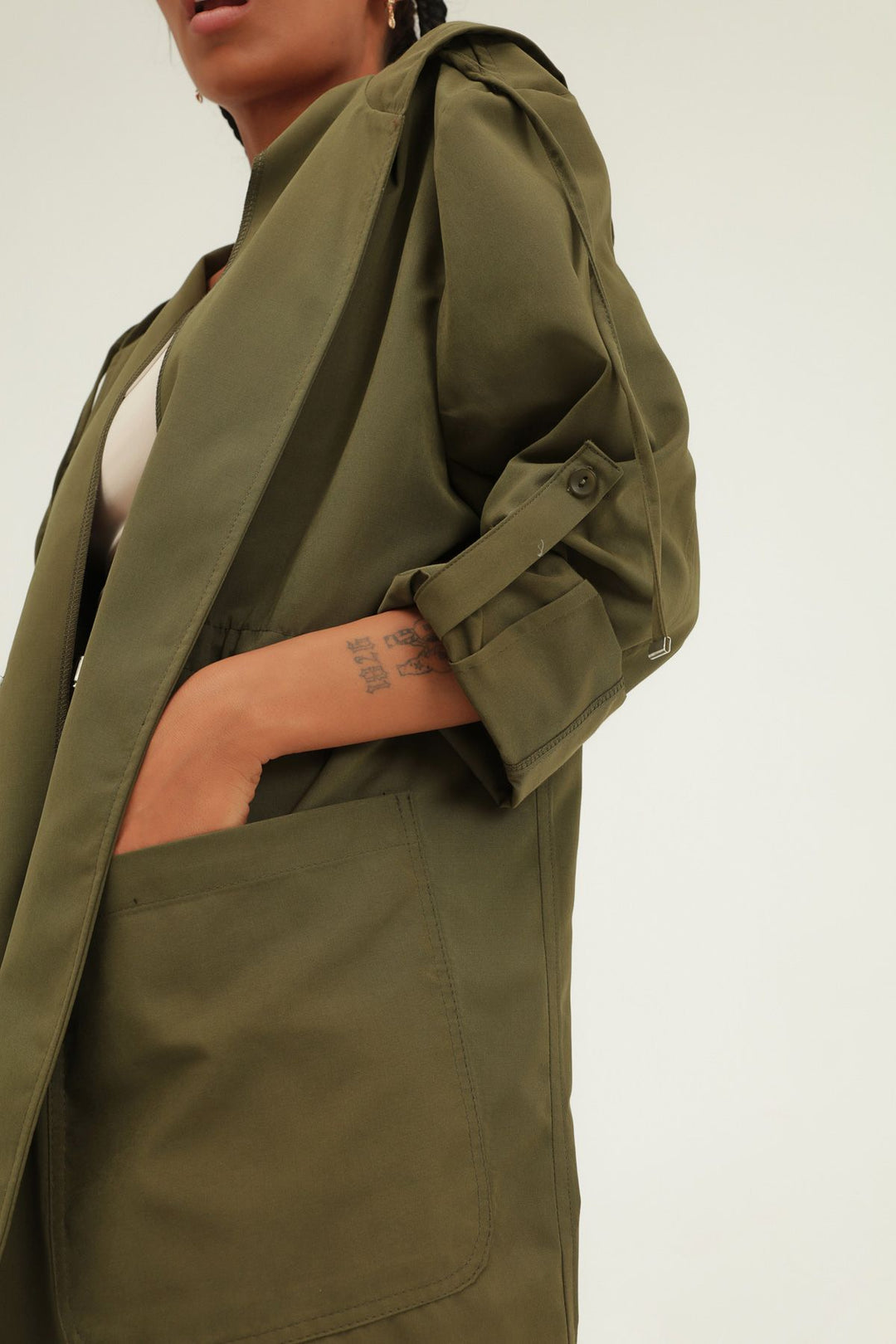 Pleated Waist Hooded Trench Coat Khaki