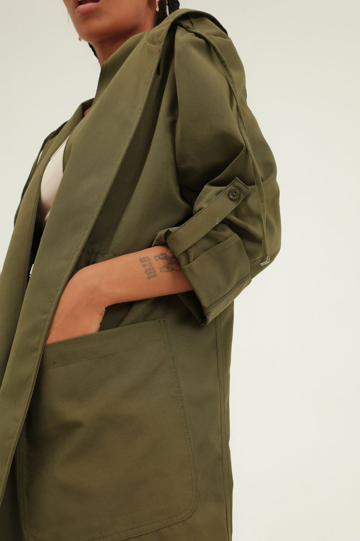 Pleated Waist Hooded Trench Coat Khaki