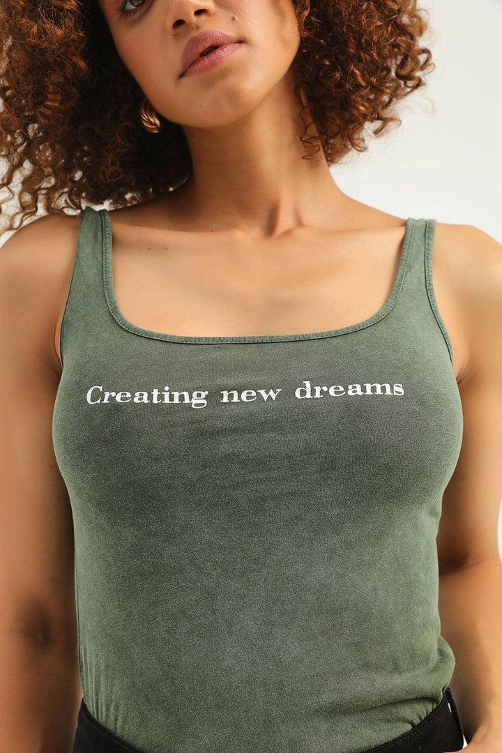 Letter Printed Strap Bodysuit Khaki