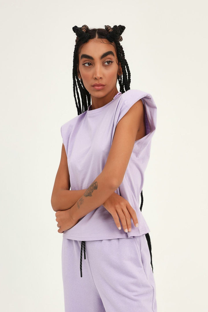 Vatkalı Kolsuz Basic Tişört Lila