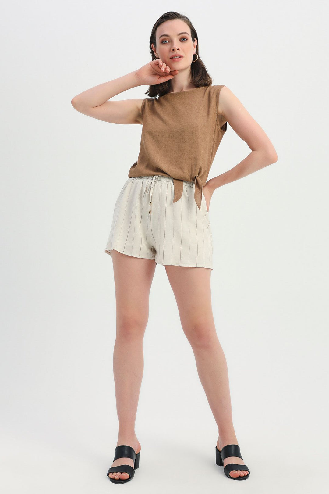 Side Tie Sleeveless Linen Blouse Brown