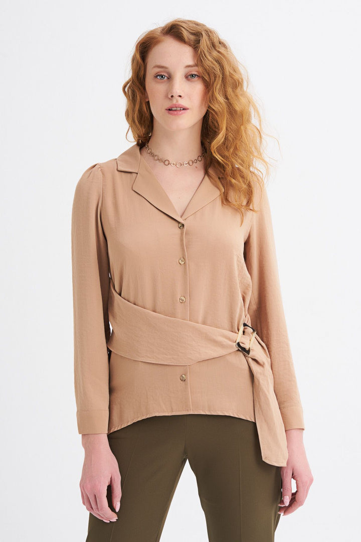 Camel Shirt with Belt Detail and Embroidery on the Back