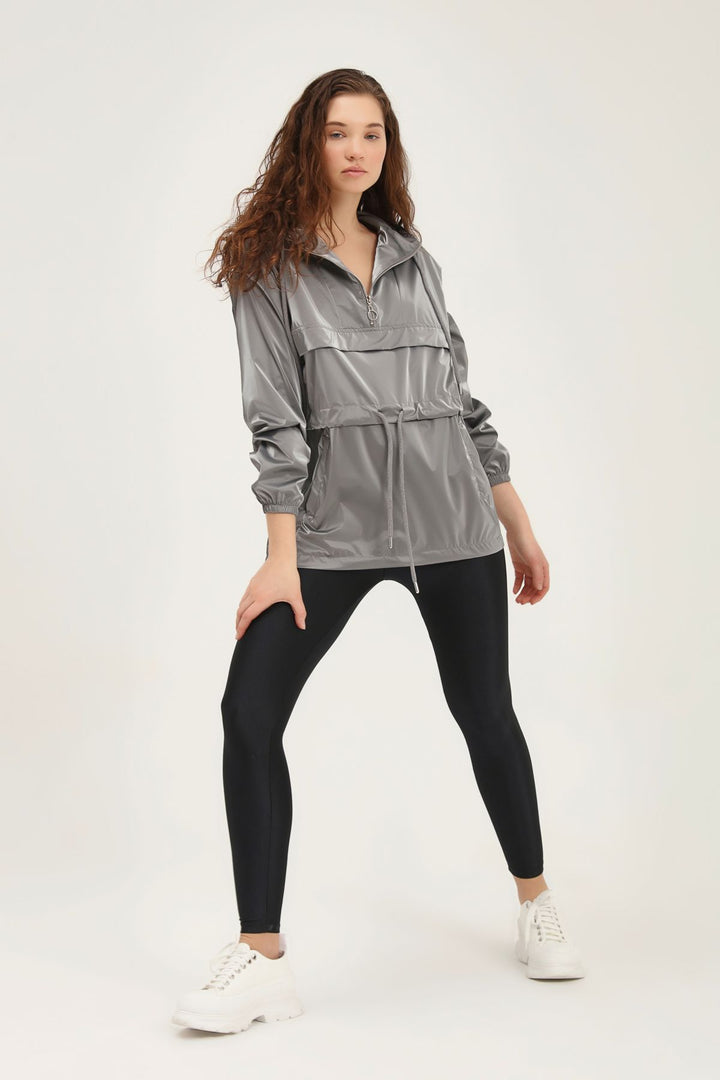 Hooded Elastic Waist Raincoat Gray