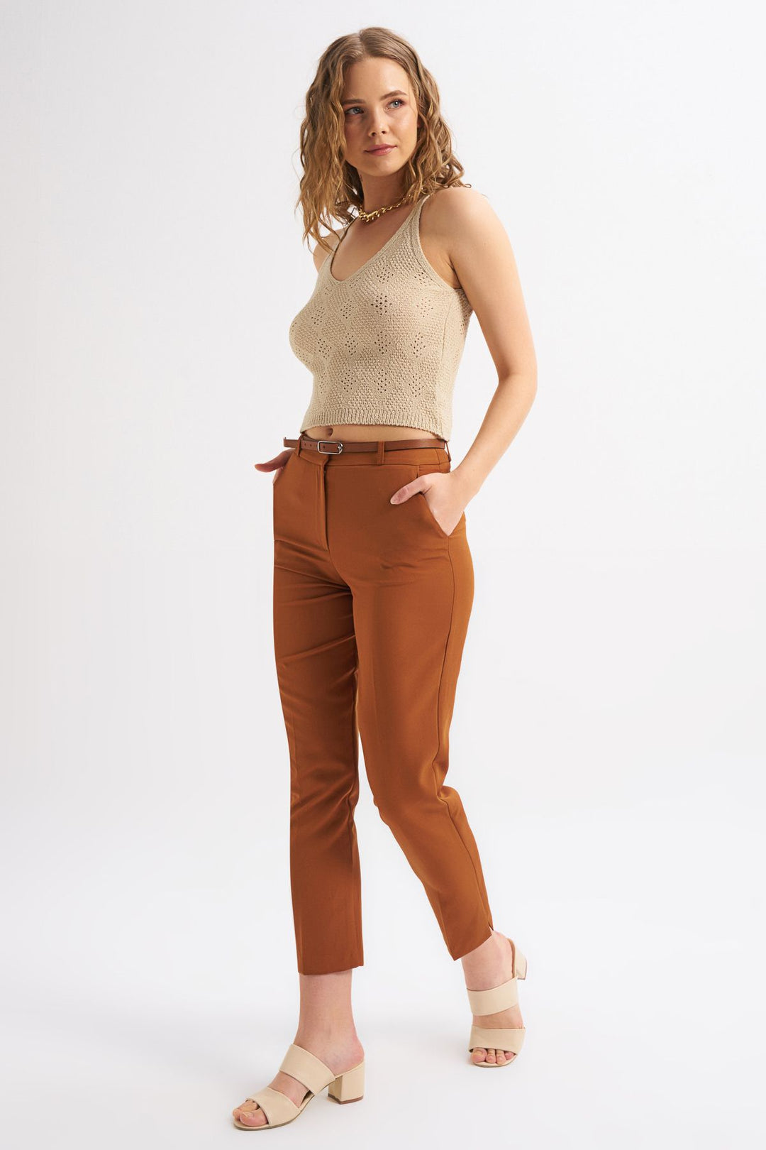 Waist Belt Short Leg Trousers Tan