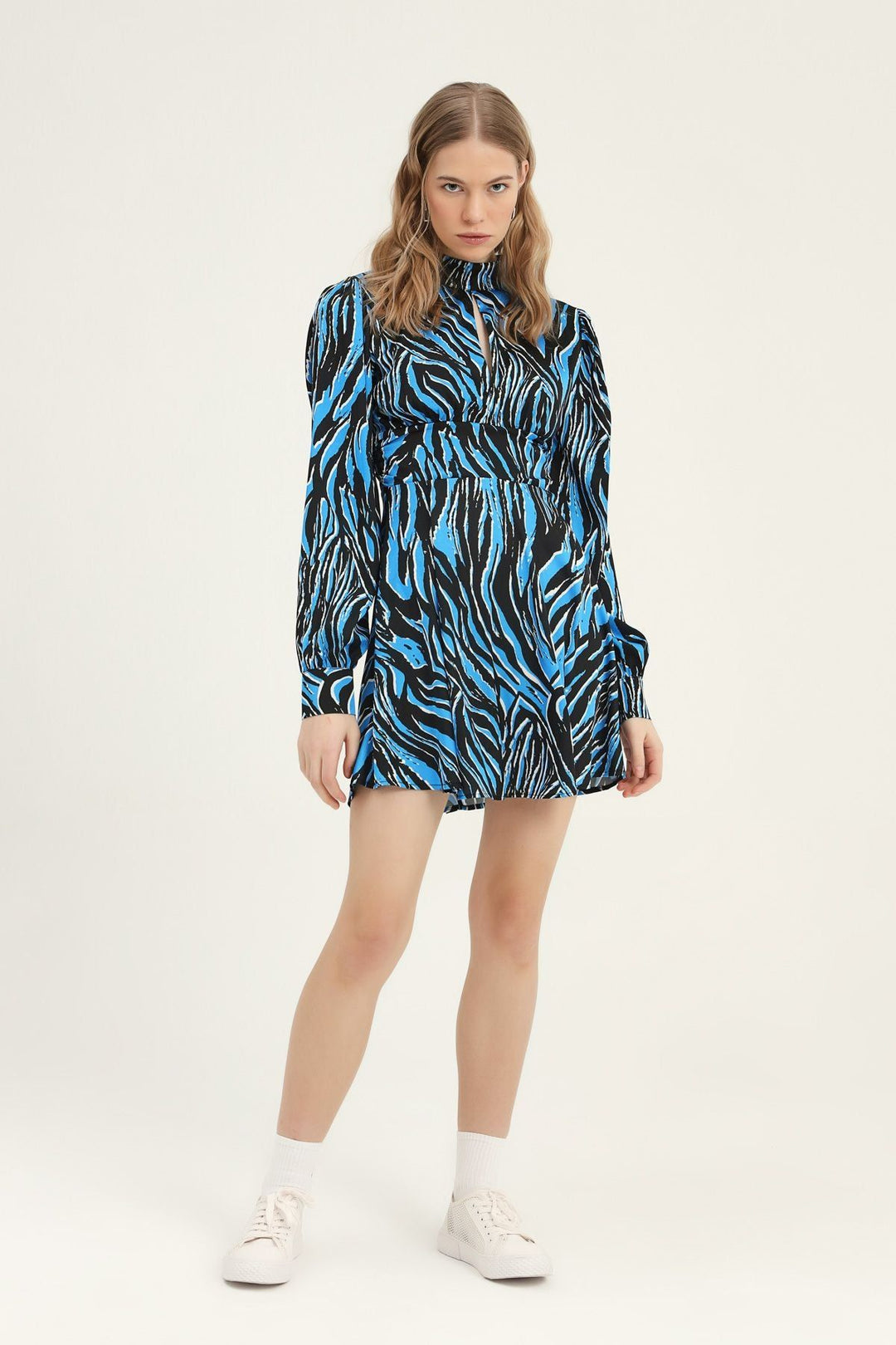 Patterned Low Back Satin Dress Blue