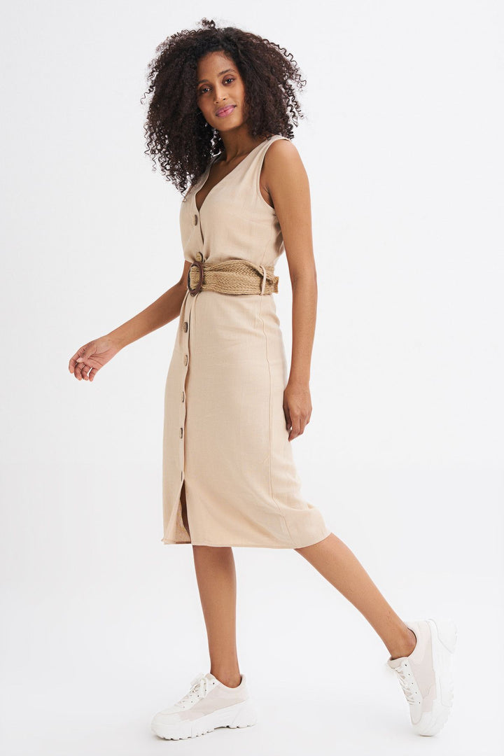 Belted Buttoned Linen Dress Beige