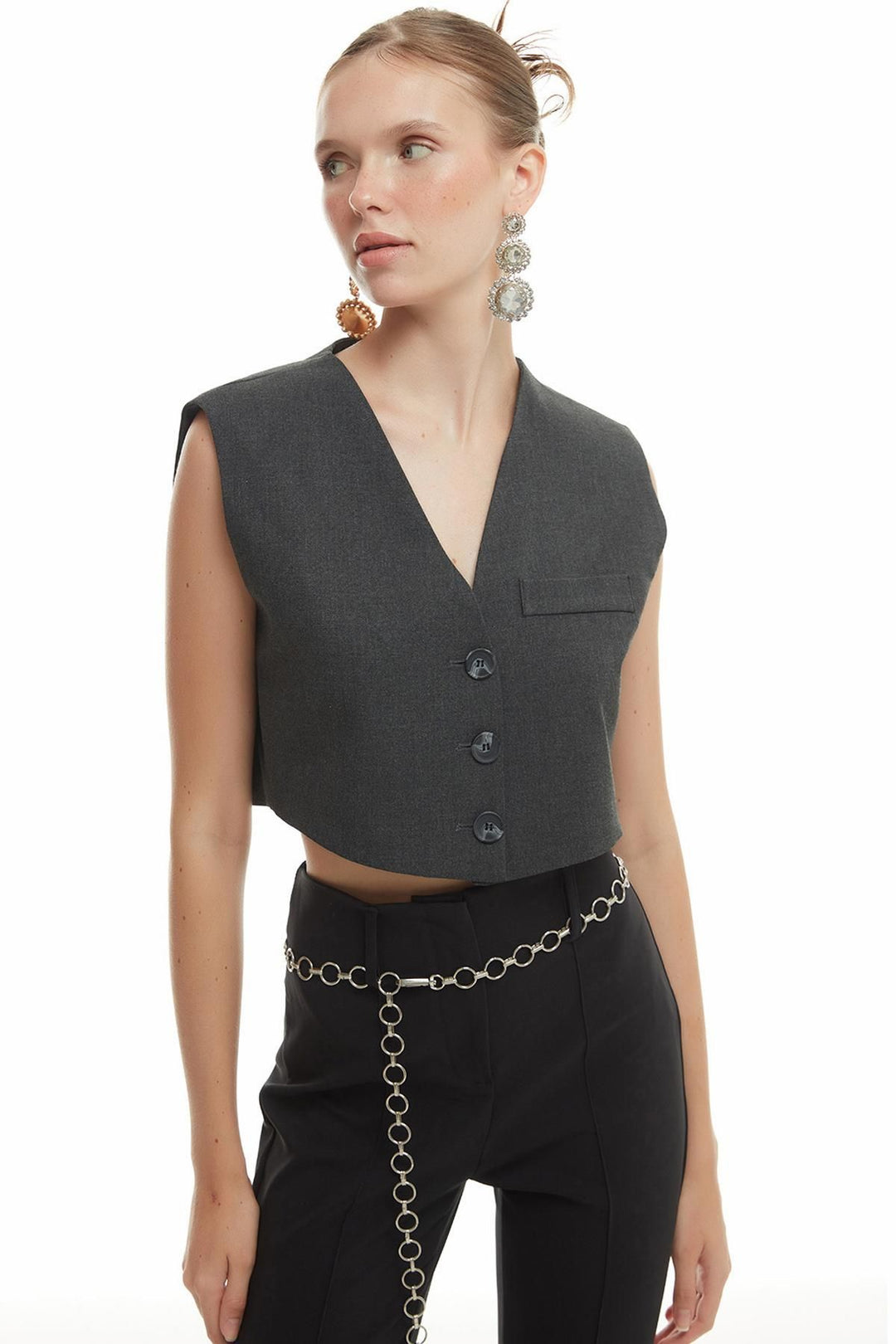 Buttoned Crop Vest Anthracite
