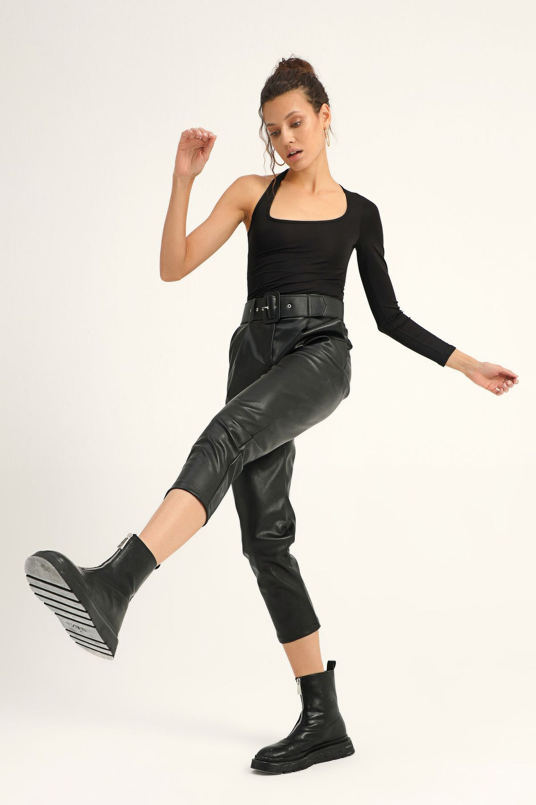 Belted Leather Trousers Black