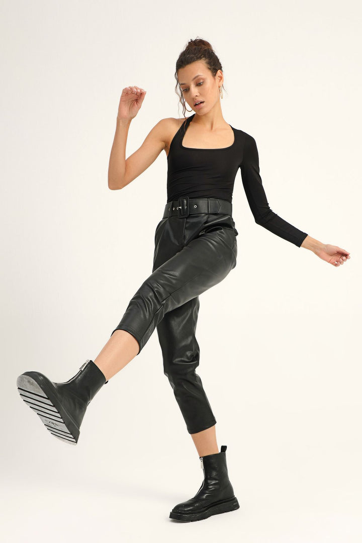 Belted Leather Trousers Black