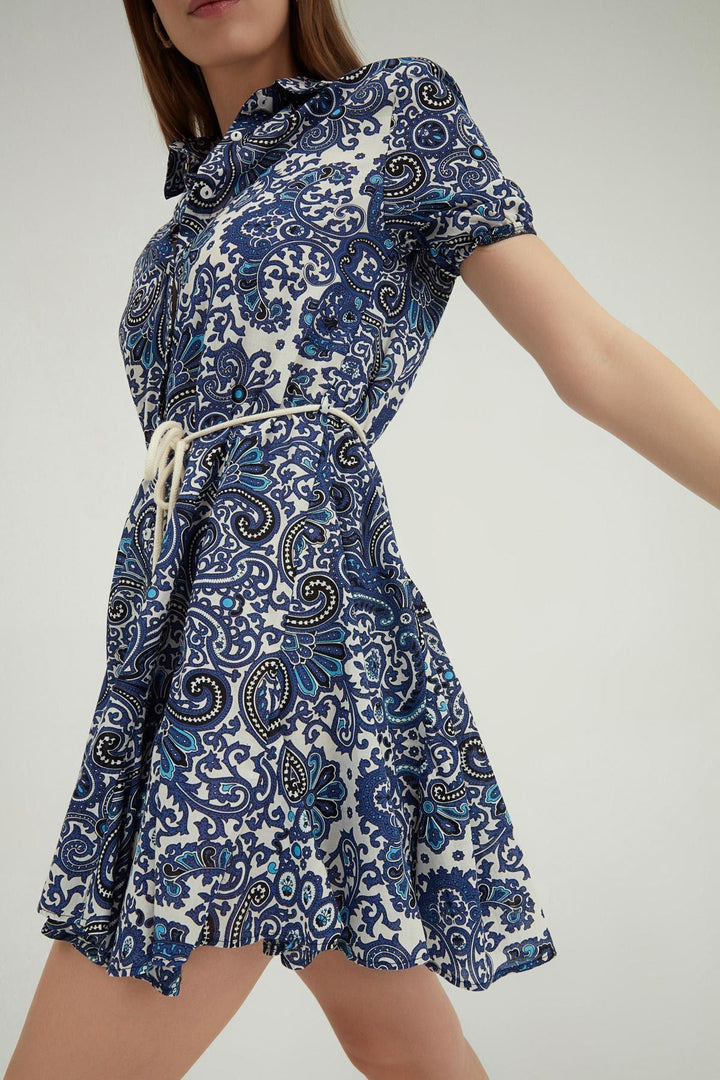 Gömlek Yaka Volanlı Mini Elbise Lacivert