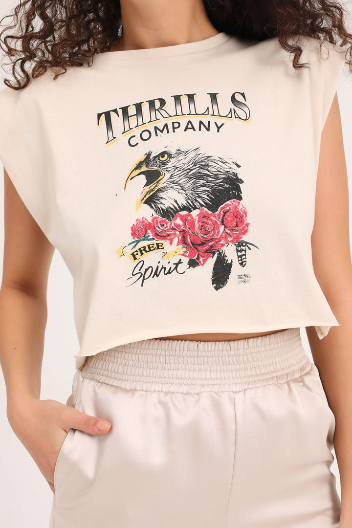 Printed Padded Crop T-Shirt Beige