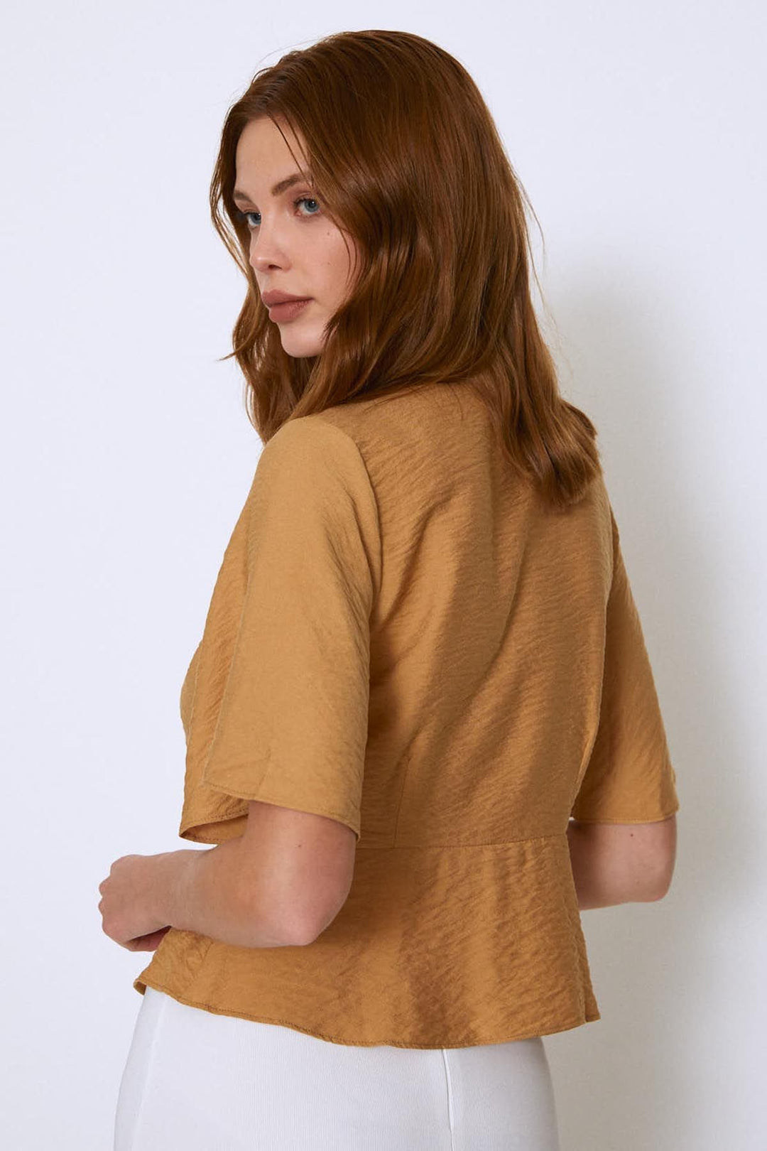 V-Neck Tie Blouse Camel