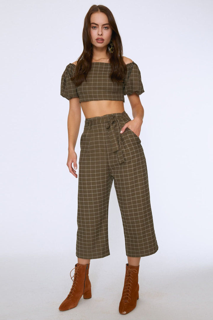 Waist Belted Wide Leg Trousers Khaki