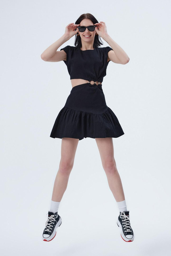 Pleat Detailed Cut Out Dress Black