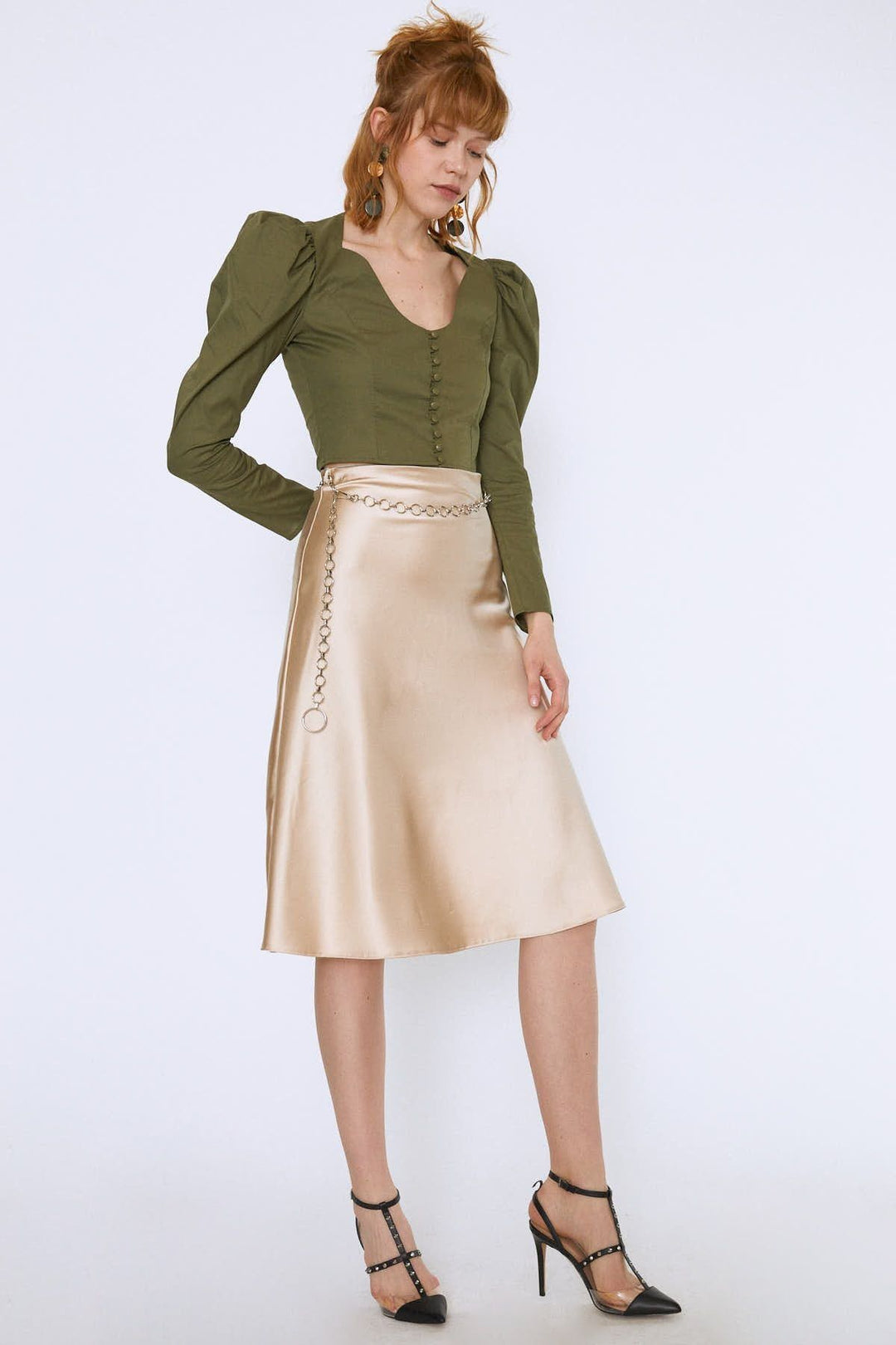 Chain Waist Midi Skirt Beige
