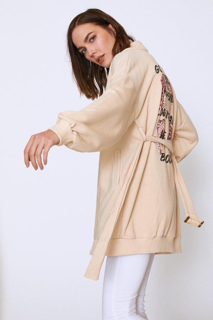 Printed Back Long Sweatshirt Beige