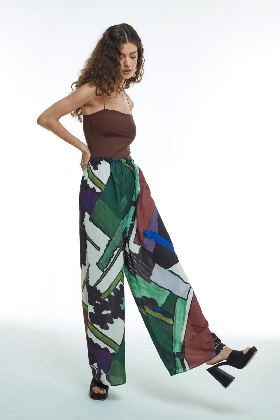 Wide Leg Patterned Trousers Black