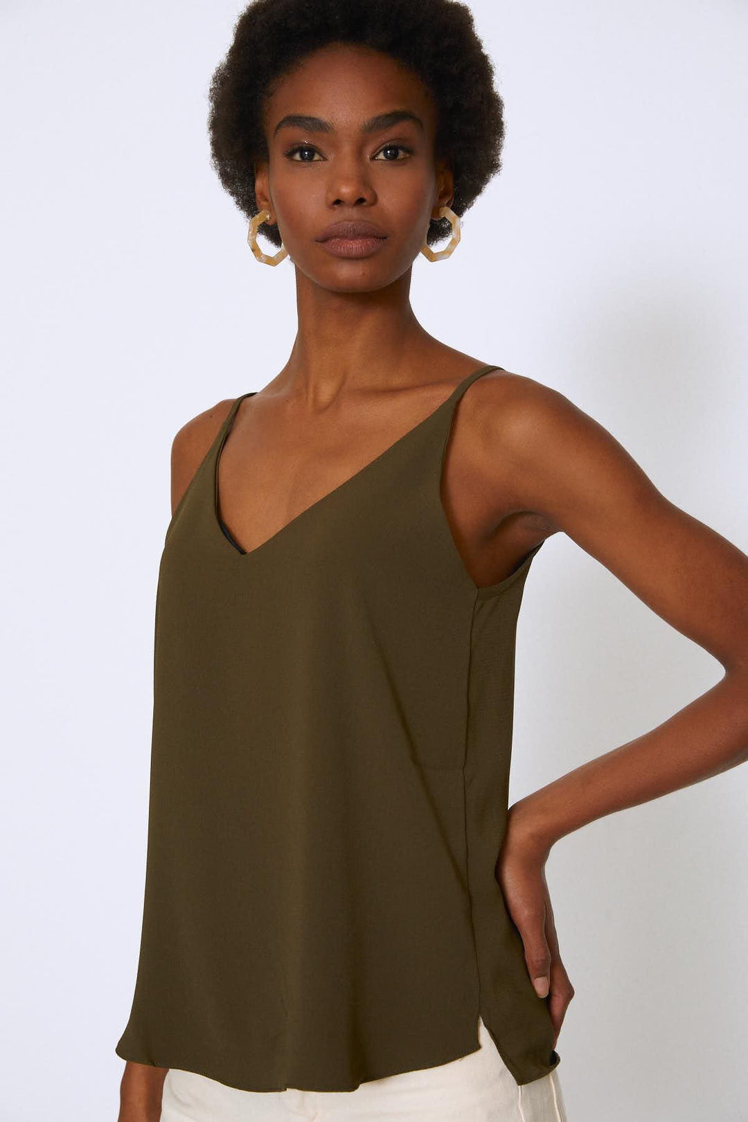 String Strap V Neck Blouse Khaki