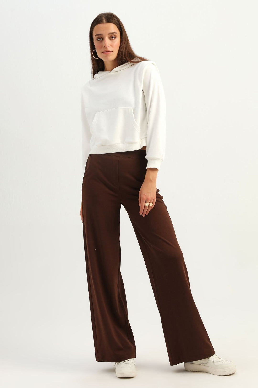 Geniş Paça Cepli Örme Pantolon Kahverengi