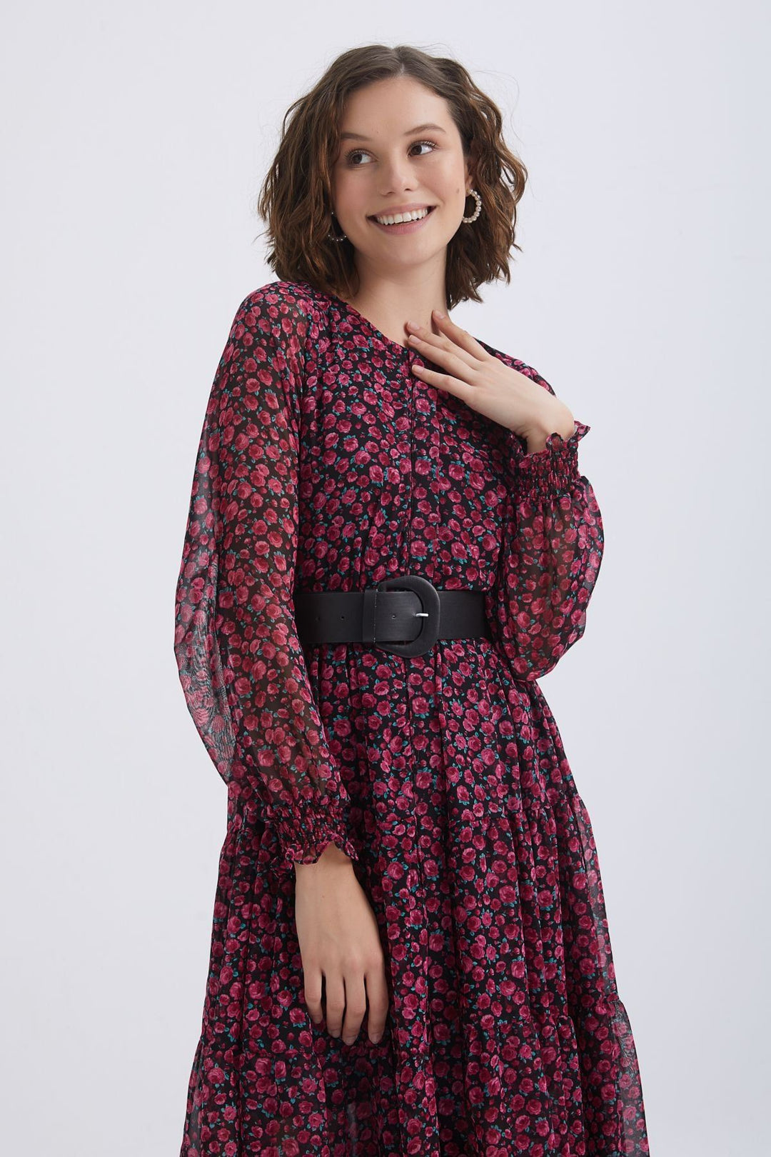 Floral Patterned Belted Dress Fuchsia