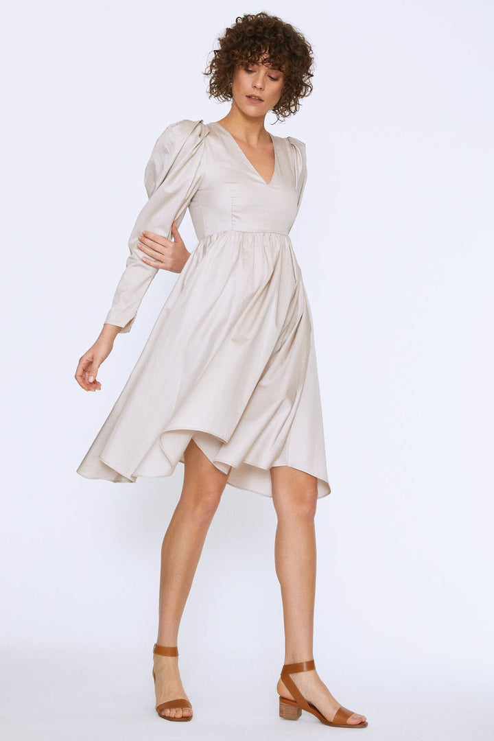 Balloon Sleeve V Neck Midi Dress Stone