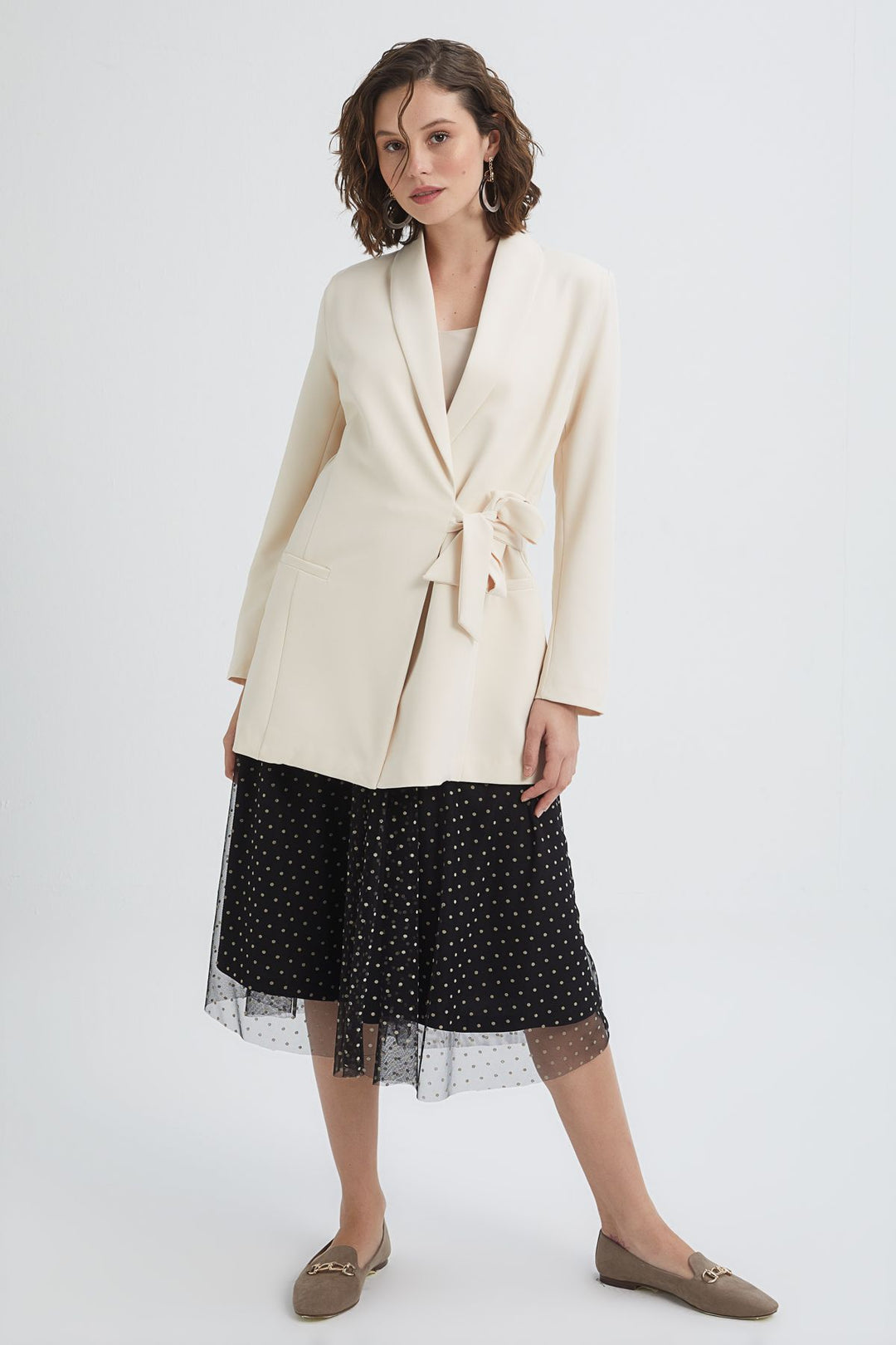 Tie Waist Shawl Collar Jacket Ecru