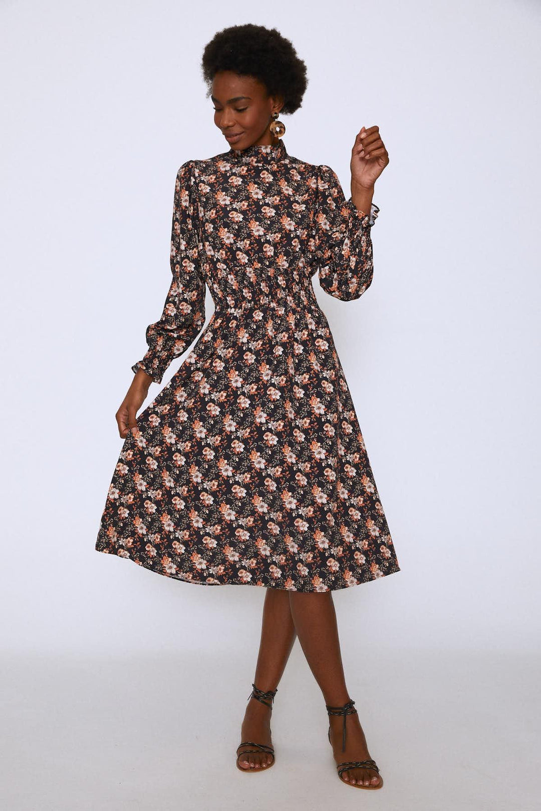 Crispy Flower Waist Gipple Long Dress Orange