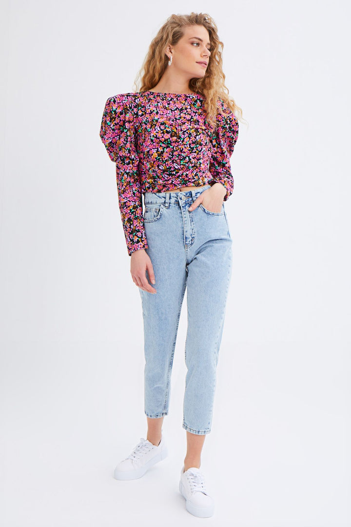 Desenli Karpuz Kol Bluz Fuşya