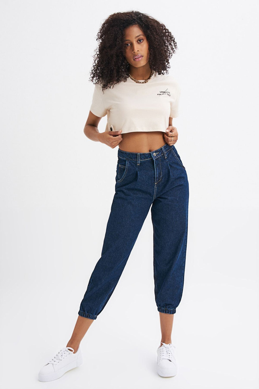 Düğme Detaylı Crop Tişört Açık Bej