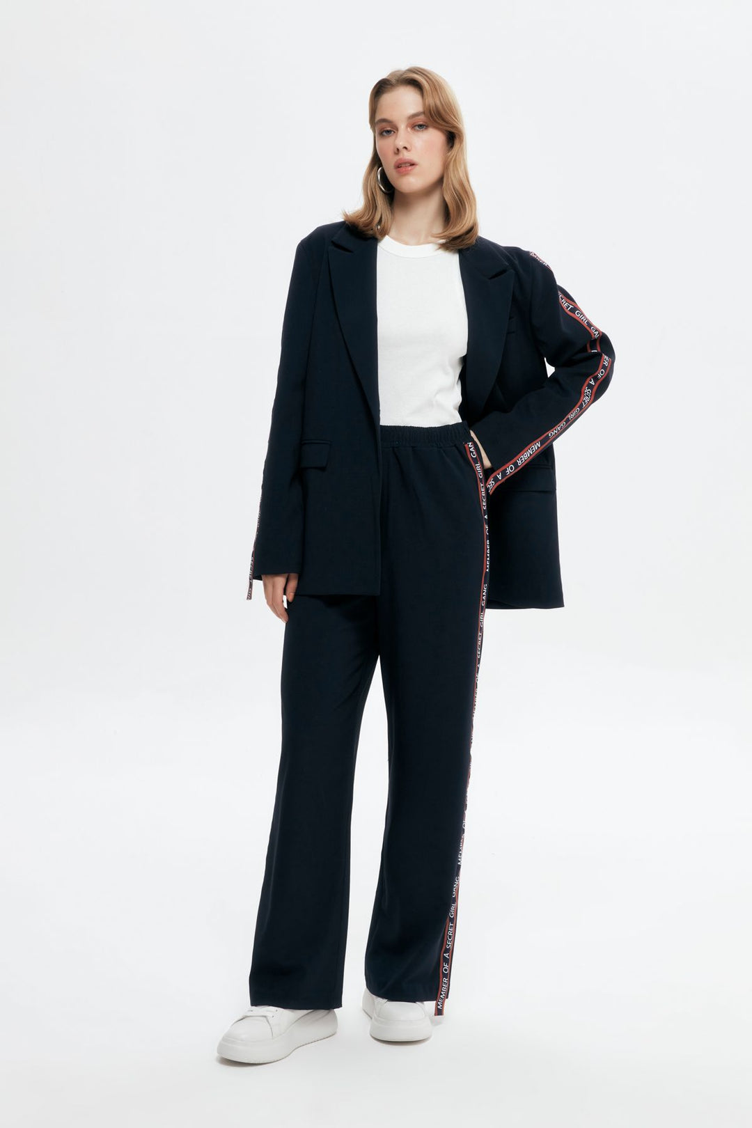 Şerit Detaylı Yüksek Bel Pantolon Lacivert