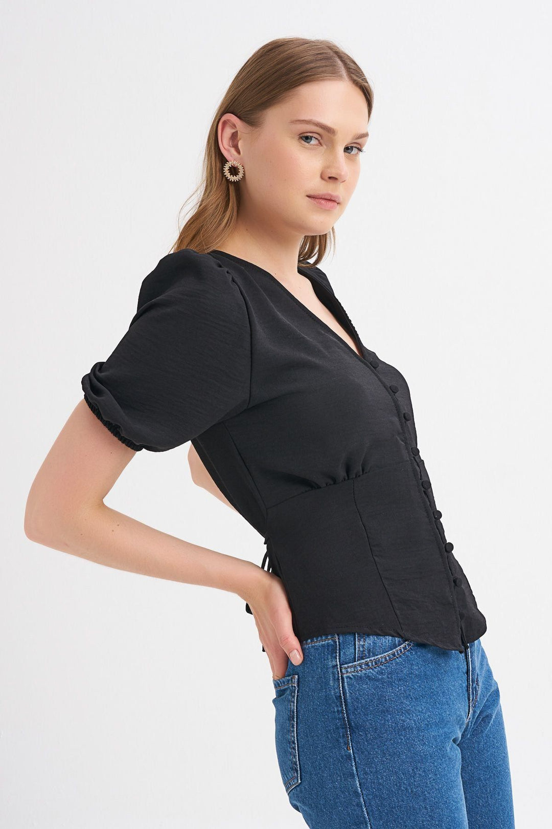 Balloon Sleeve Front Buttoned Tie Detailed Blouse Black