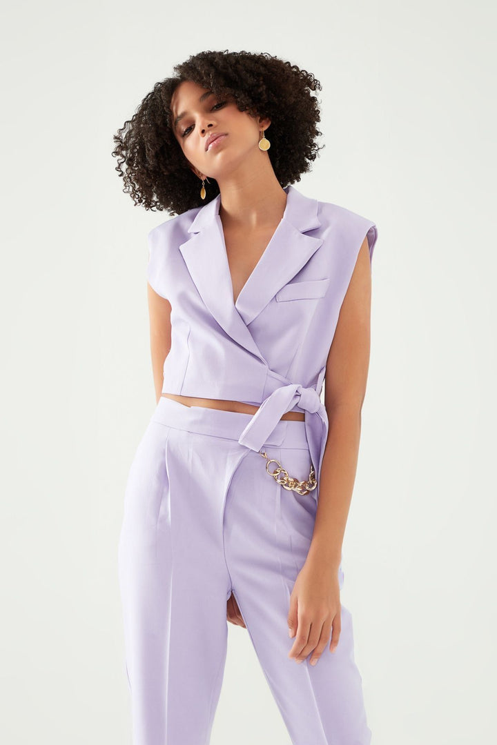 Bağlama Detaylı Crop Yelek Lila