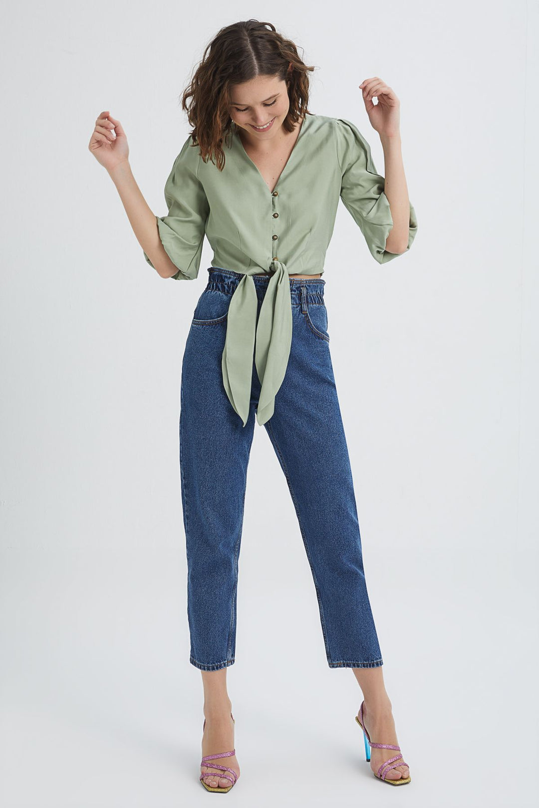 Balloon Sleeve Front Tie Crop Blouse Mint