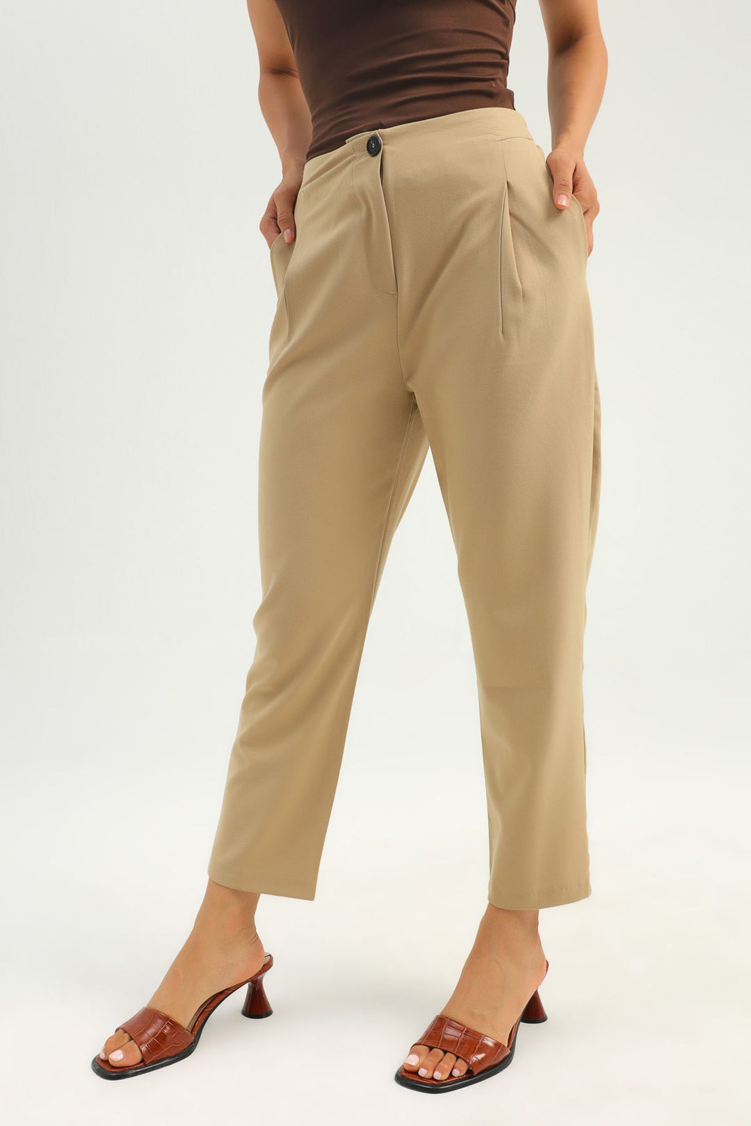 Yüksek Bel Beli Lastikli Pantolon Taş