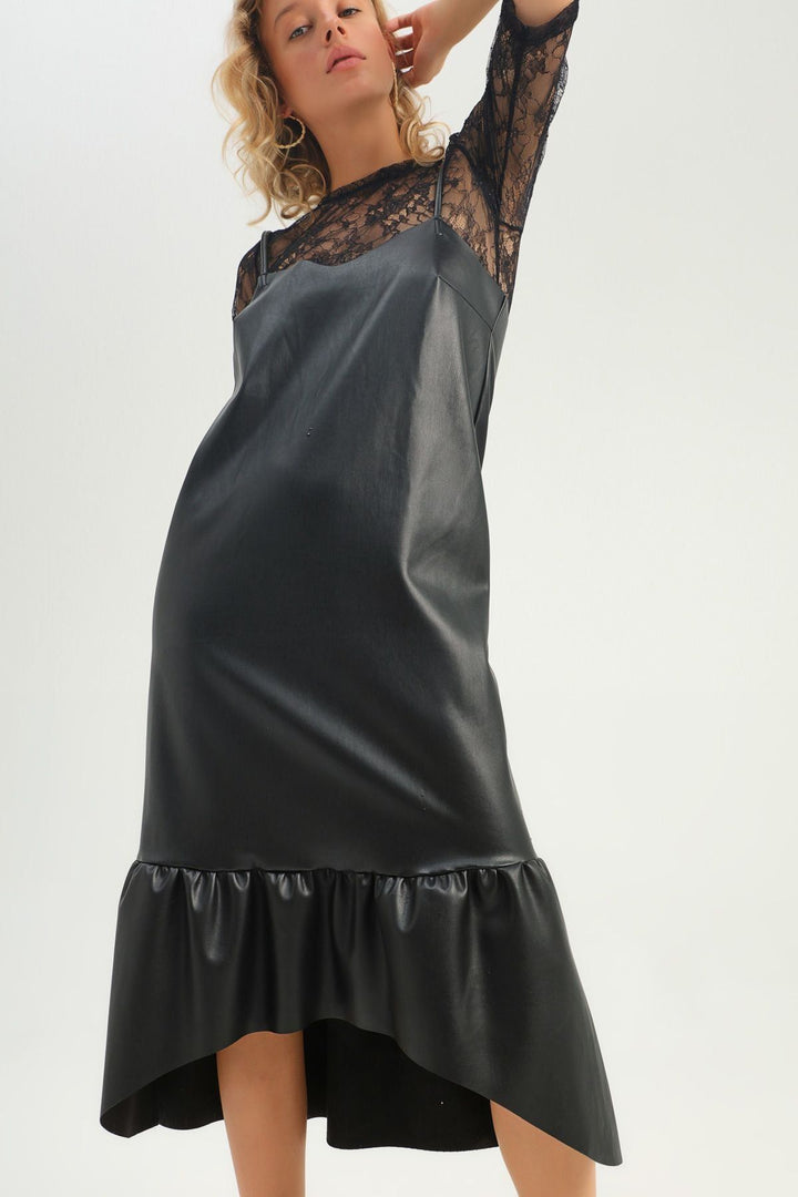 Strap Leather Dress With Lace Blouse Black