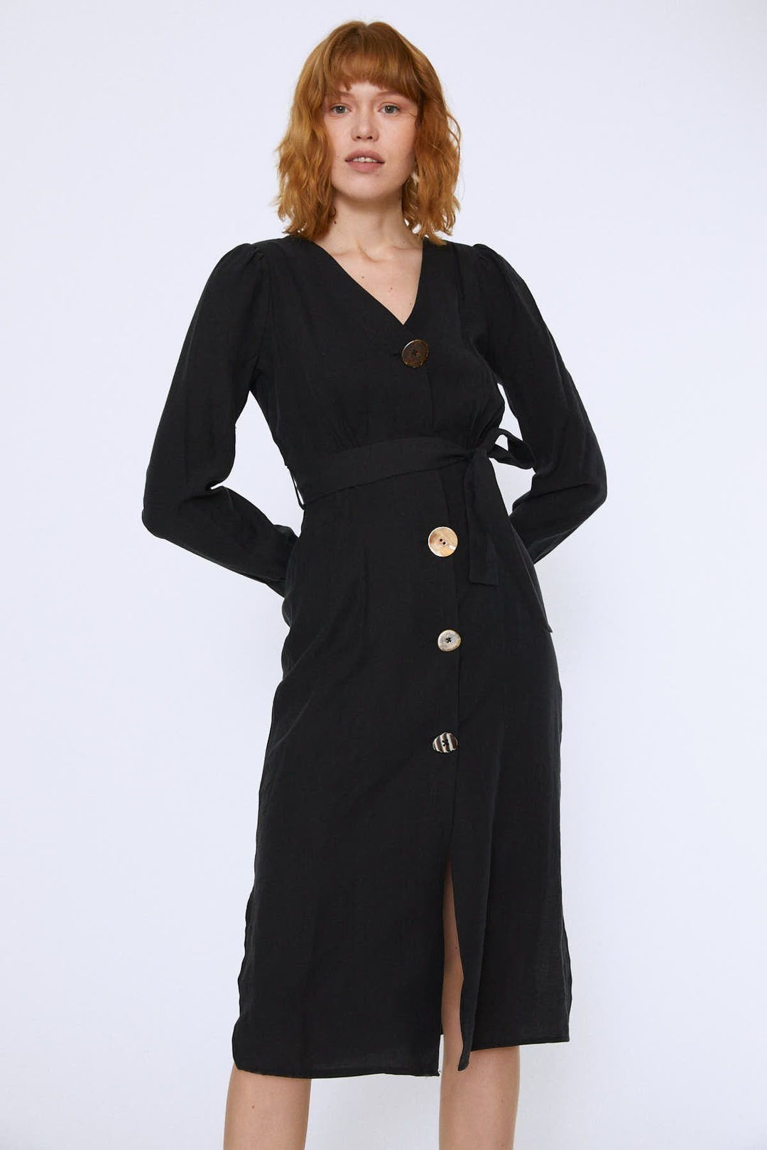 Button Front Belted Dress Black