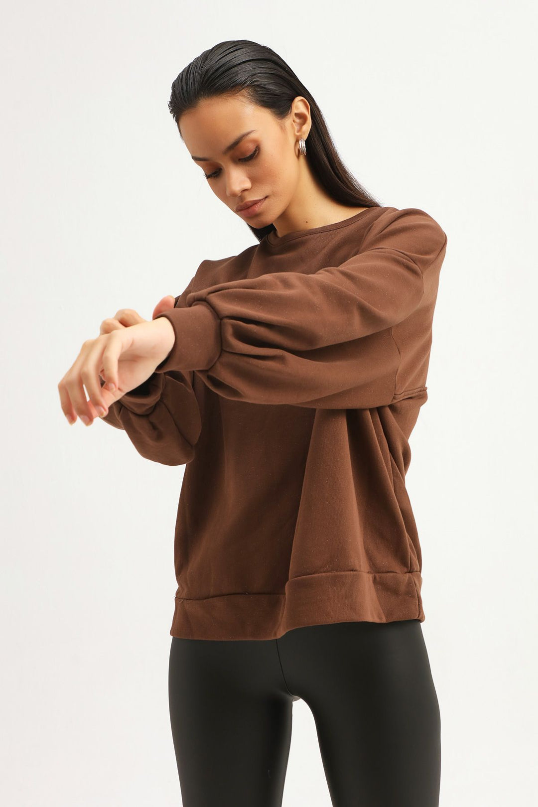 Sırt Dekolteli Oversize Sweatshirt Koyu Kahve