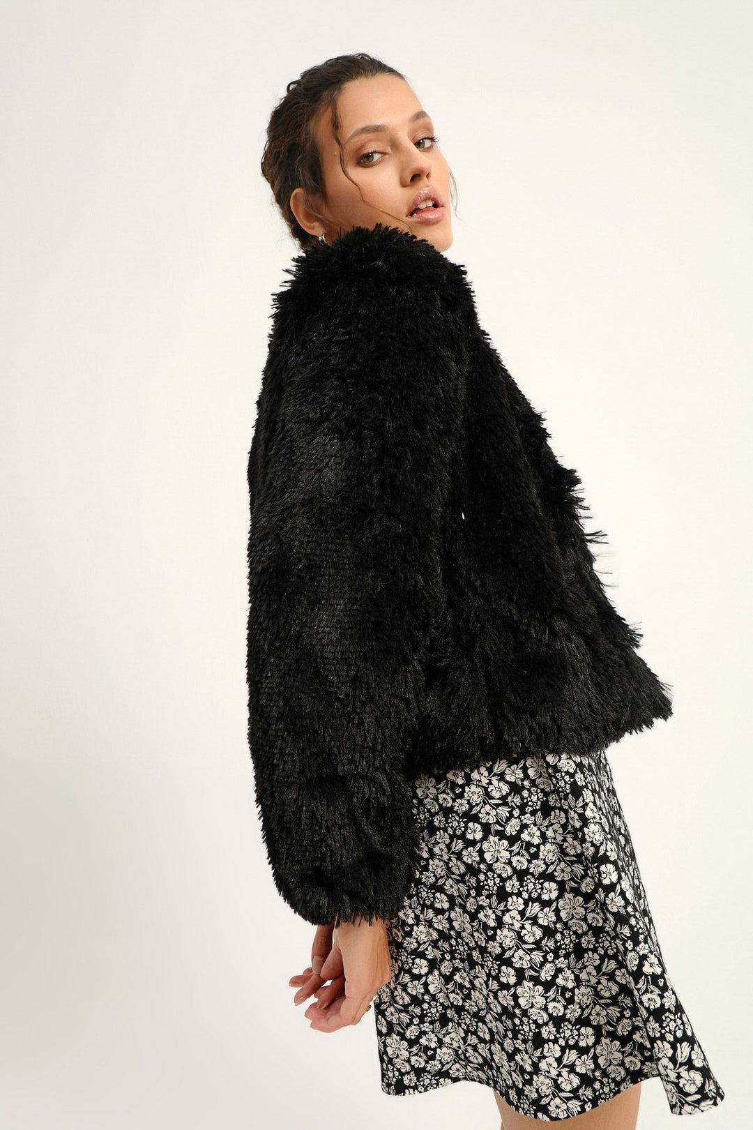 Peluş Kısa Ceket Siyah