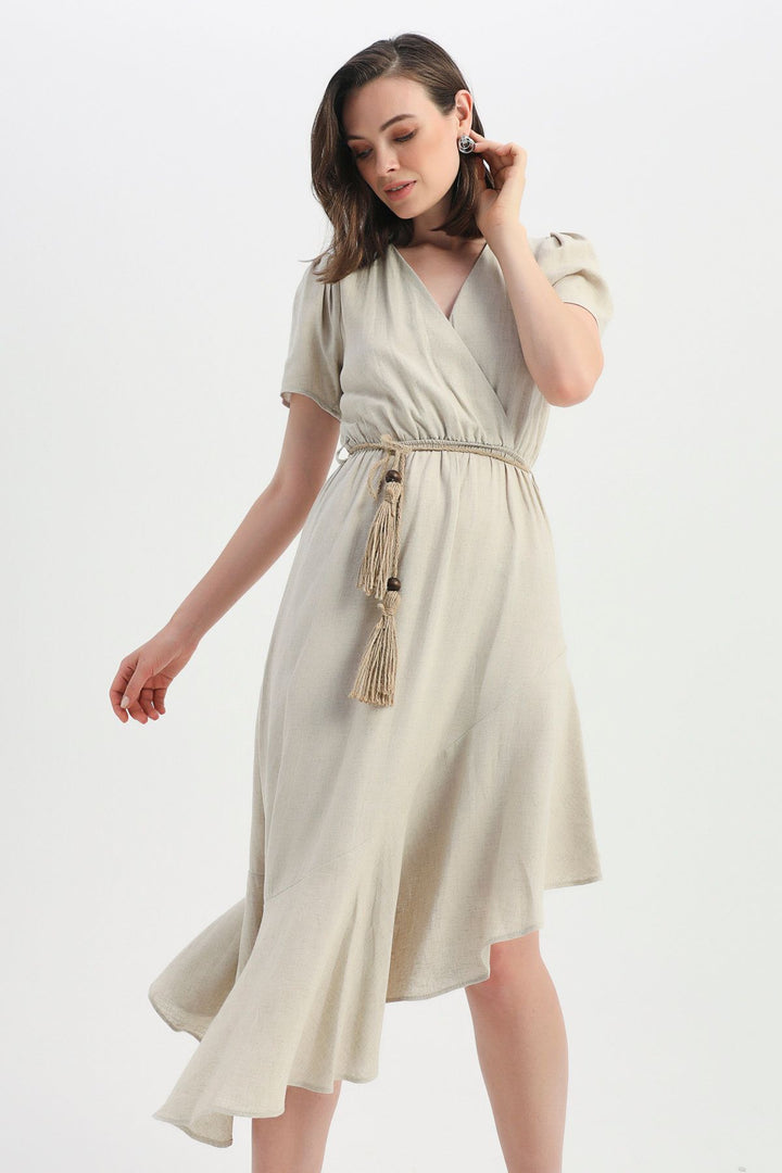 Straw Belt Double Breasted Linen Dress Natural