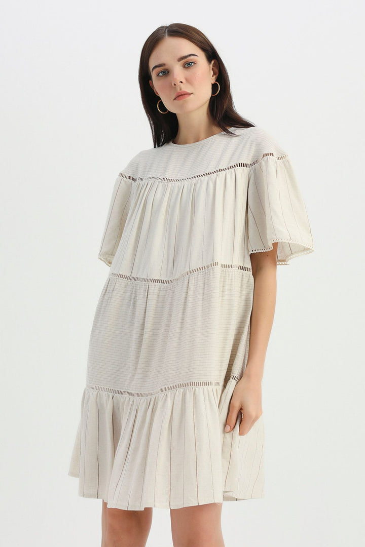 Stripe Detailed Striped Linen Dress Brown